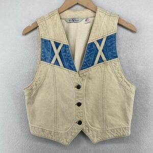BAR NONE Vest Womens M Denim Western Waistcoat X Stitch Button Up Beige USA VTG